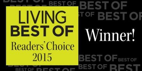 Yellow “Living Best Of Readers’ Choice 2015” badge beside white “Winner!” text on black background