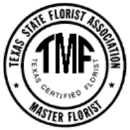 Texas State Florist Association Master Florist circular black-and-white logo with TMP letters center