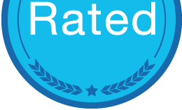 Blue circular “Rated” badge with laurel design at the bottom