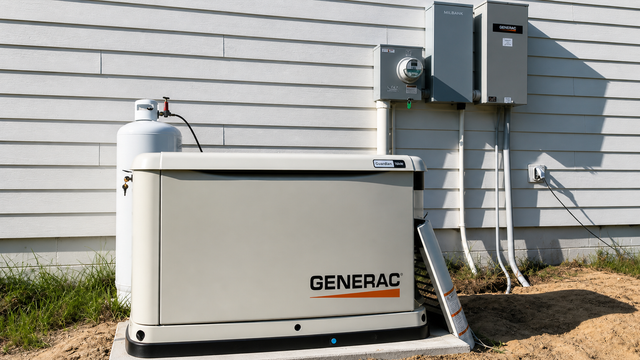 Generac backup generator beside a house with electrical panels and conduit on a gravel bed