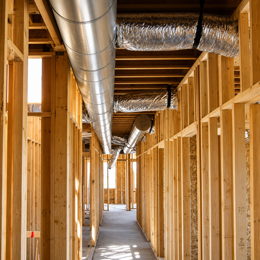 Construction framing interior with exposed wooden walls and ceiling ducts in a hallway