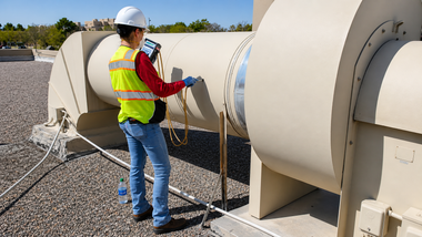 Worker in safety gear inspecting large industrial duct outdoors under a clear sky.