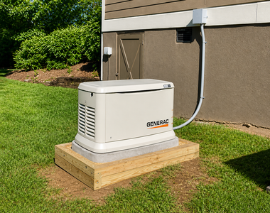 Outdoor home generator unit beside a house, mounted on a wooden base with conduit and landscaping nearby
