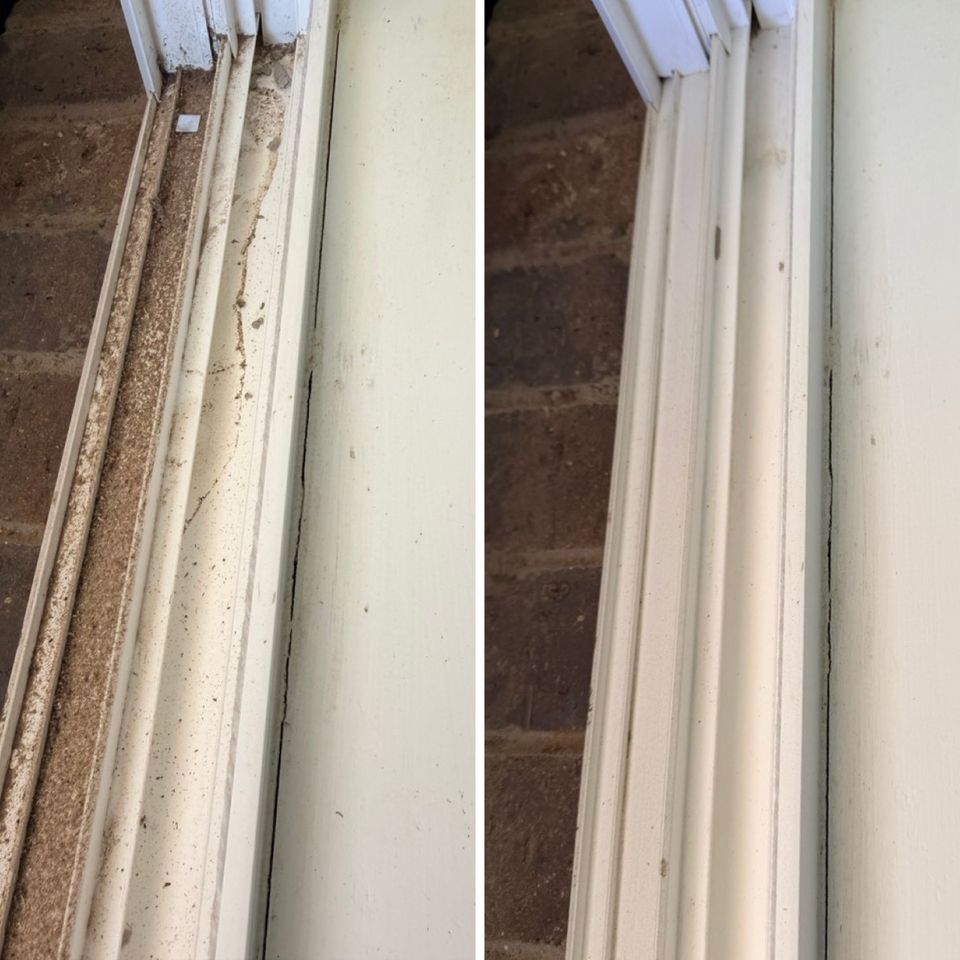 A window track before and after cleaning - packed dirt and grit on the left, bare clean track on the right