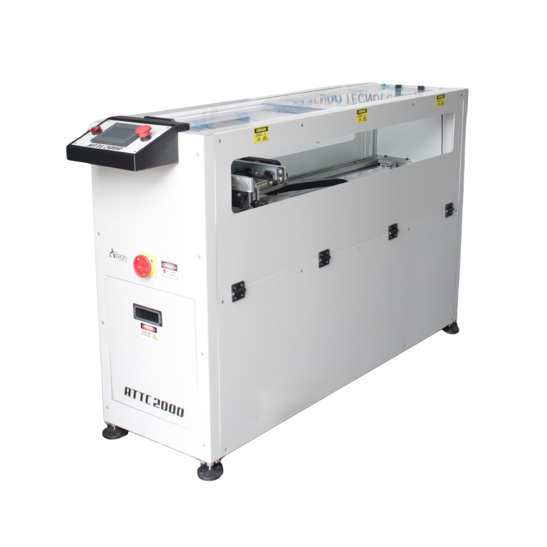 Shuttle Conveyor ATTC2000 transferindo placas PCB entre equipamentos SMT, com interface intuitiva e estrutura para linhas de produção de médio e alto volume