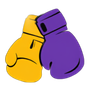 Deux gants de boxe stylisés, l'un jaune et l'autre violet, se touchant sur fond blanc
