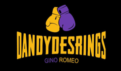 Logo noir et jaune avec deux gants de boxe au-dessus des mots « DANDYDESRINGS » et « GINO ROMEO »