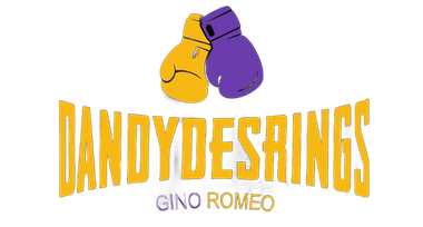 Logo avec des gants de boxe jaunes et violets au-dessus du texte &laquo; DANDYDESRINGS &raquo; et &laquo; GINO ROMEO &raquo;