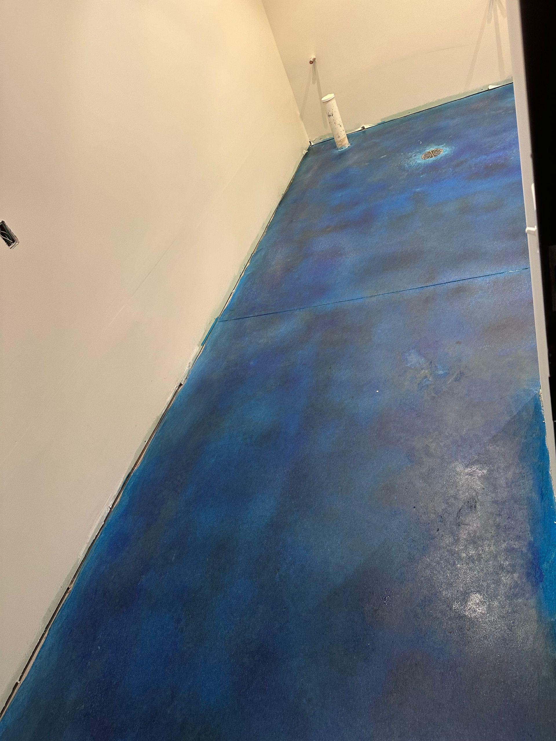Empty room with blue carpet and white walls, viewed from a corner.