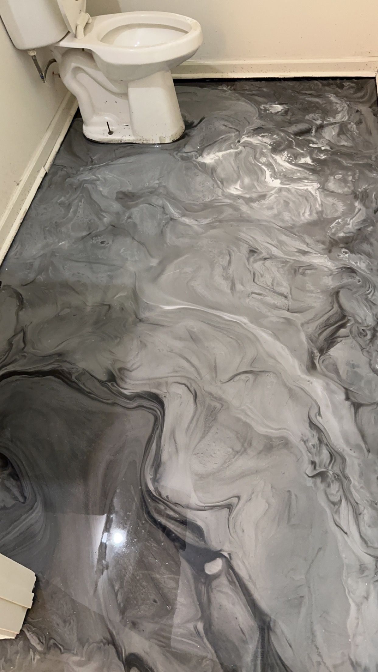 Bathroom with toilet and glossy gray marbled floor finish