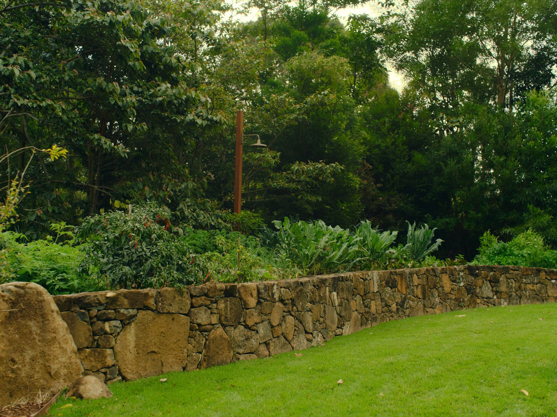Garden path curving toward a fire pit and outdoor seating area