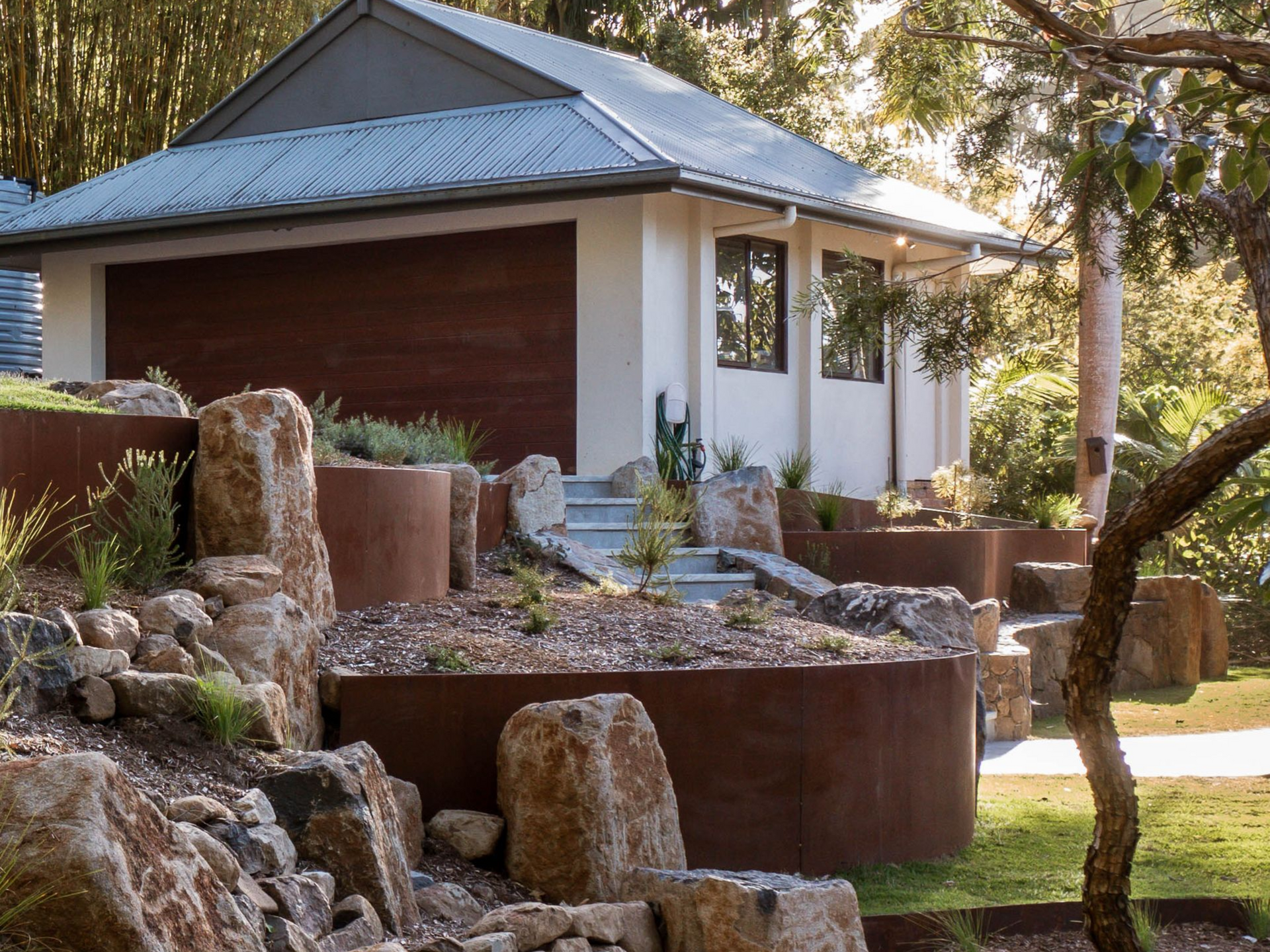 Permeable garden path with gaps for drainage after rain in a Northern Rivers garden