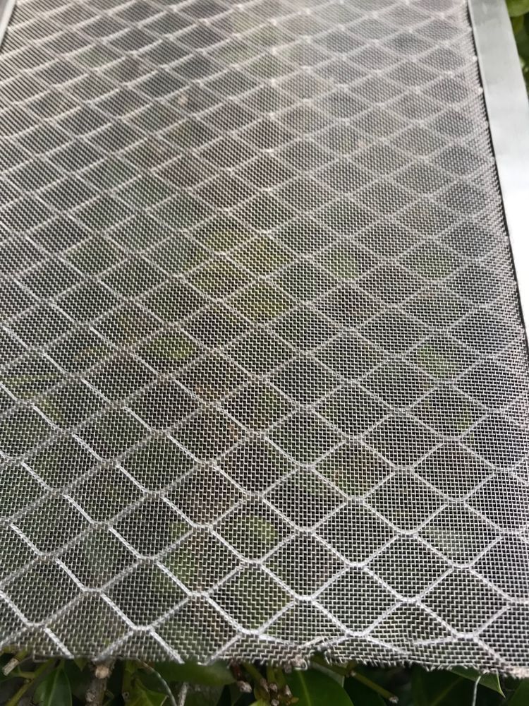A close up of a metal mesh sitting on top of a green plant.