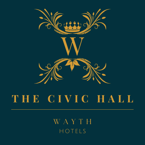Logo for The Civic Hall Wayth Hotels, gold text and accents on dark teal background.