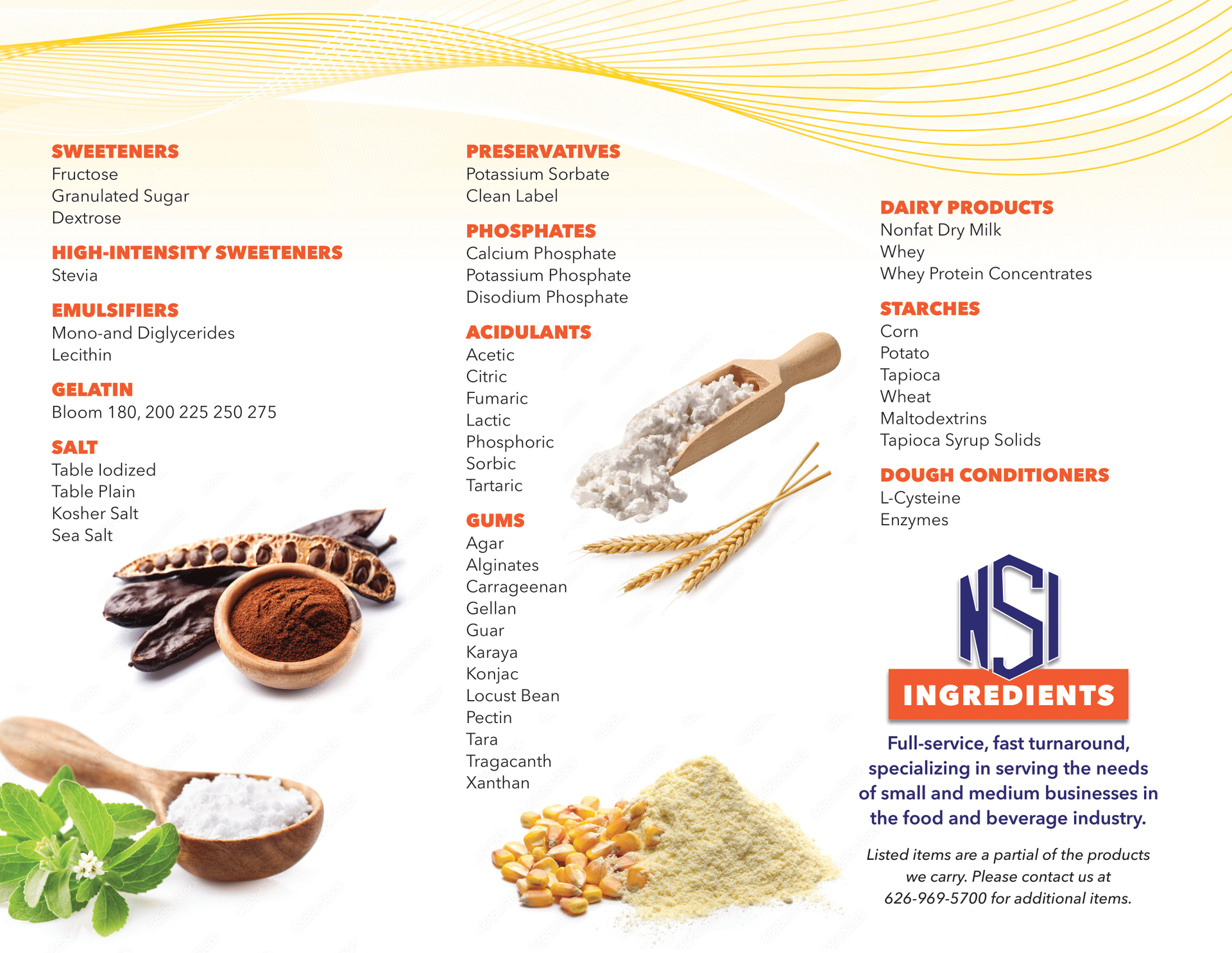 Ingredient list with various food additives and ingredients displayed with text and visual aids like spices and grains.