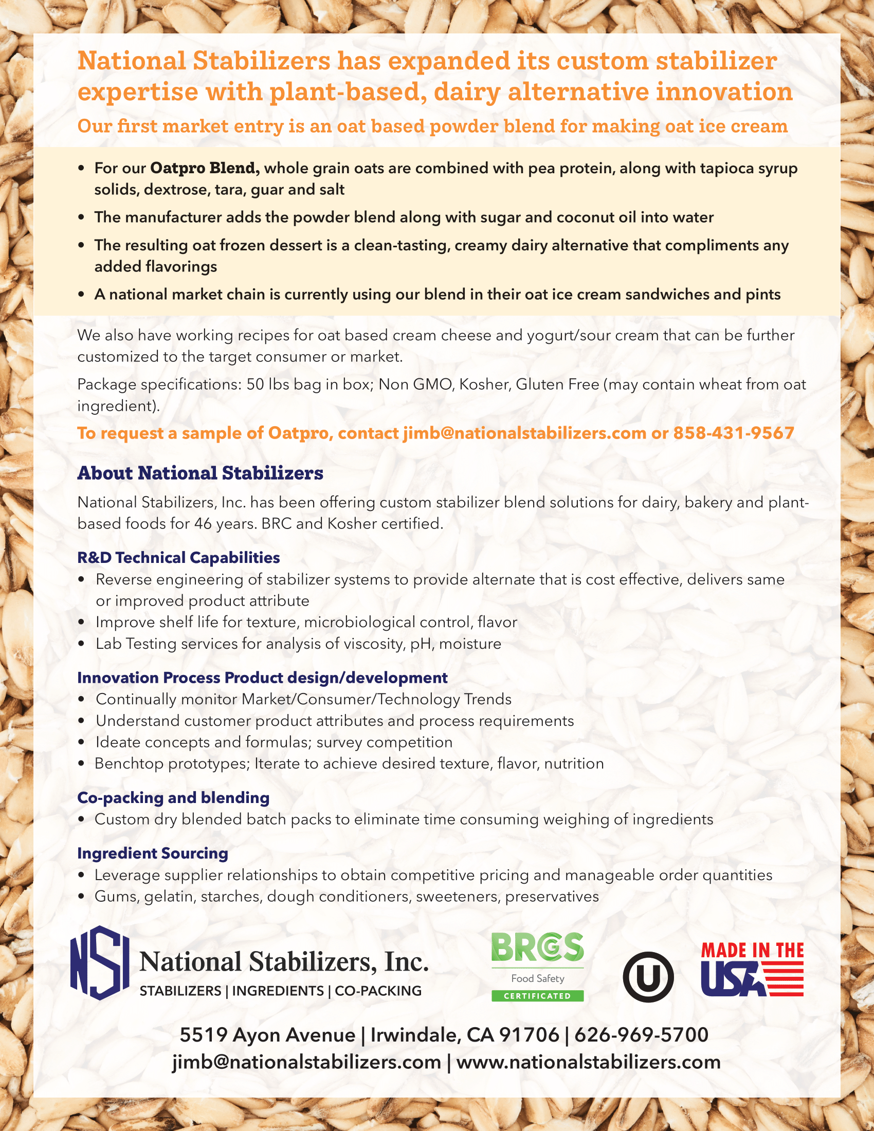 Brochure for National Stabilizers, Inc., with information on food expertise and dairy alternatives.