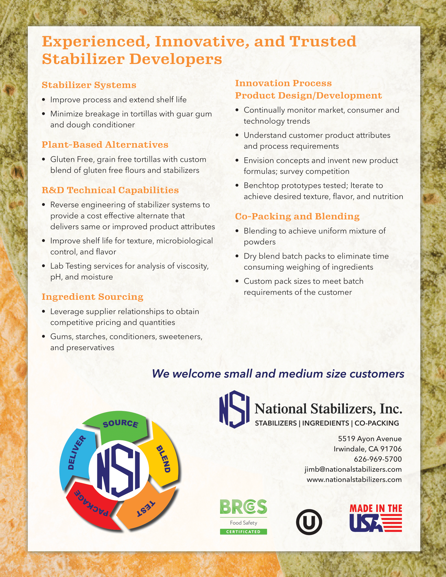 Advertisement for National Stabilizers Inc. with text lists, logo, and contact info.