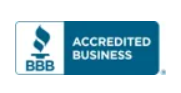 BBB Accredited Business badge with teal and blue logo and text