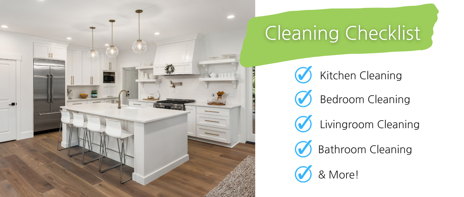 Modern kitchen with a “Cleaning Checklist” overlay listing kitchen, bedroom, bathroom, and mirror cleaning
