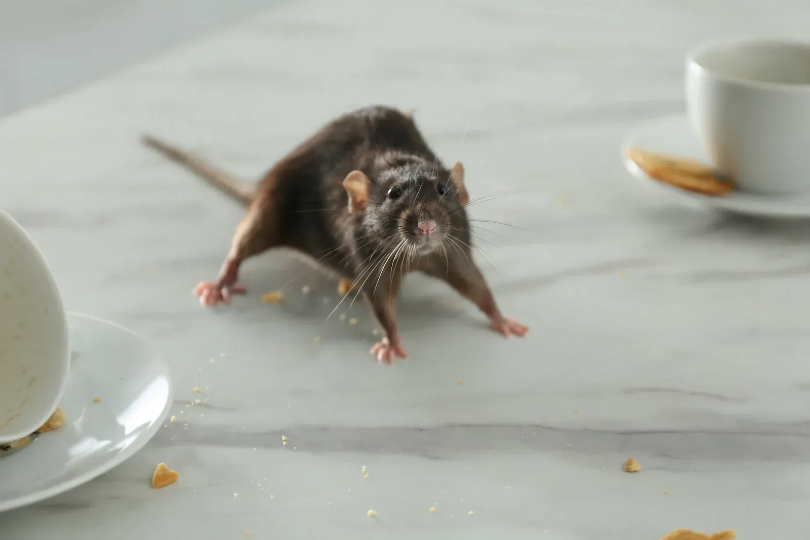 A rat is standing on a table next to a cup of coffee.