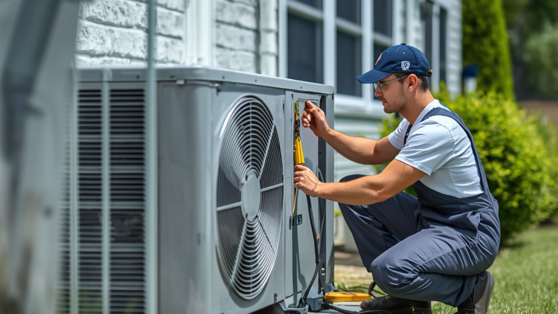 A technician in a cap and uniform kneels outdoors to service a residential air conditioning unit.
