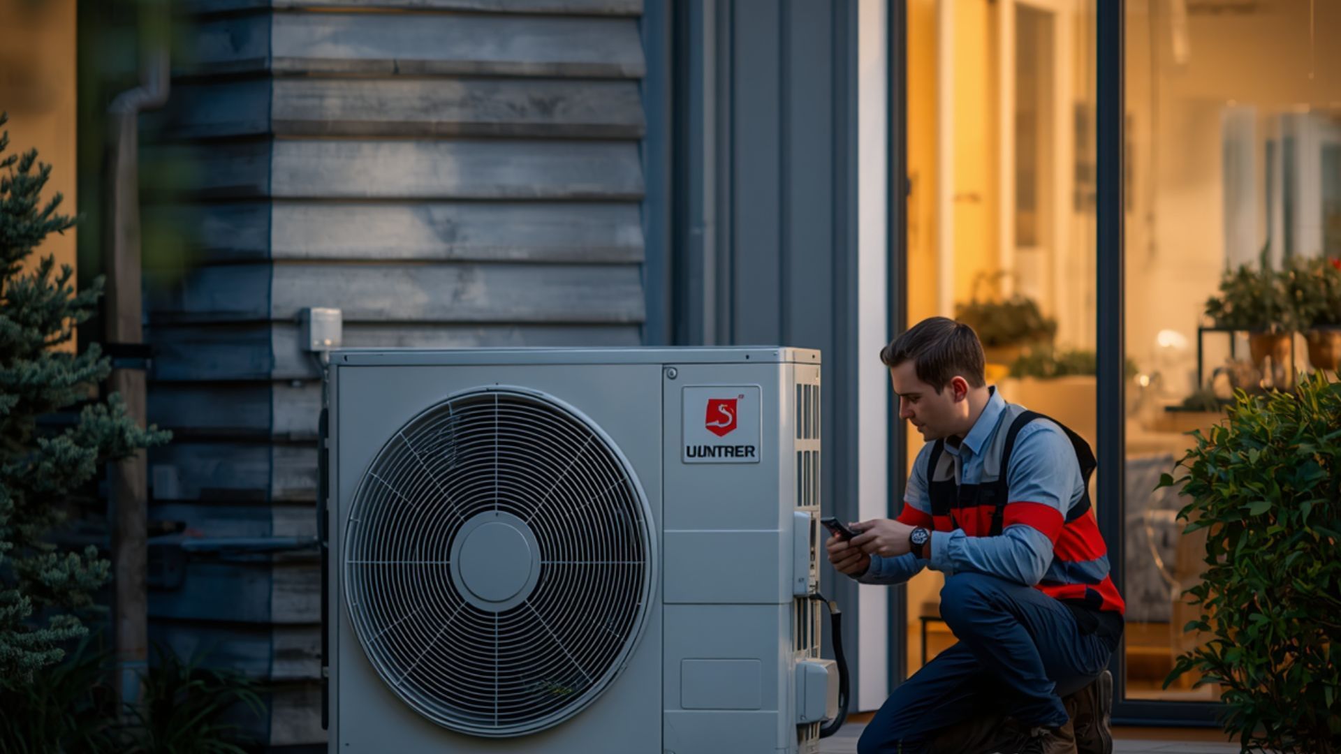 A technician in work clothes kneels beside an outdoor heat pump unit, using a mobile device for a checkup.