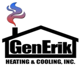 Logo for GenErik Heating & Cooling, Inc., featuring a house silhouette with a red and blue flame chimney.