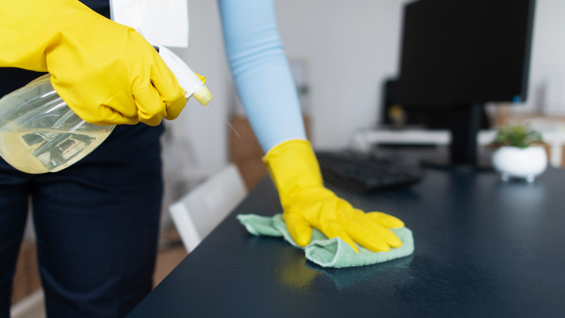 Office desk prepped for deep cleaning visit