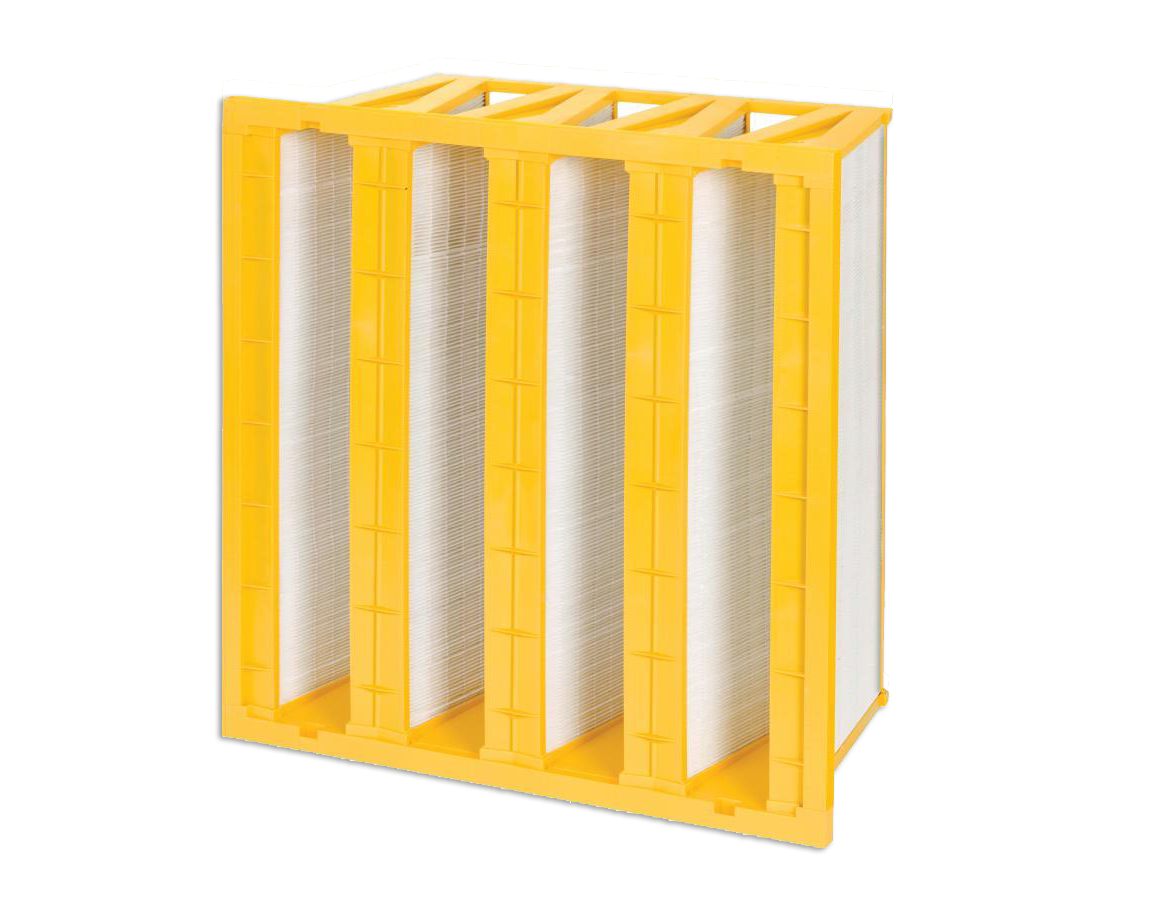Filtre à air jaune et blanc avec média filtrant plissé, pour la filtration de l'air.