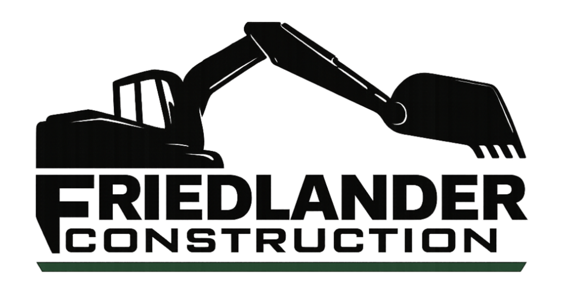 Friedlander Construction logo with black excavator silhouette and bold black text on white background