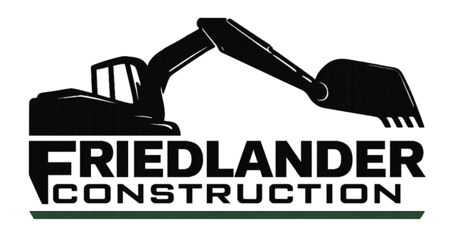 Friedlander Construction logo with black excavator silhouette and bold black text on white background