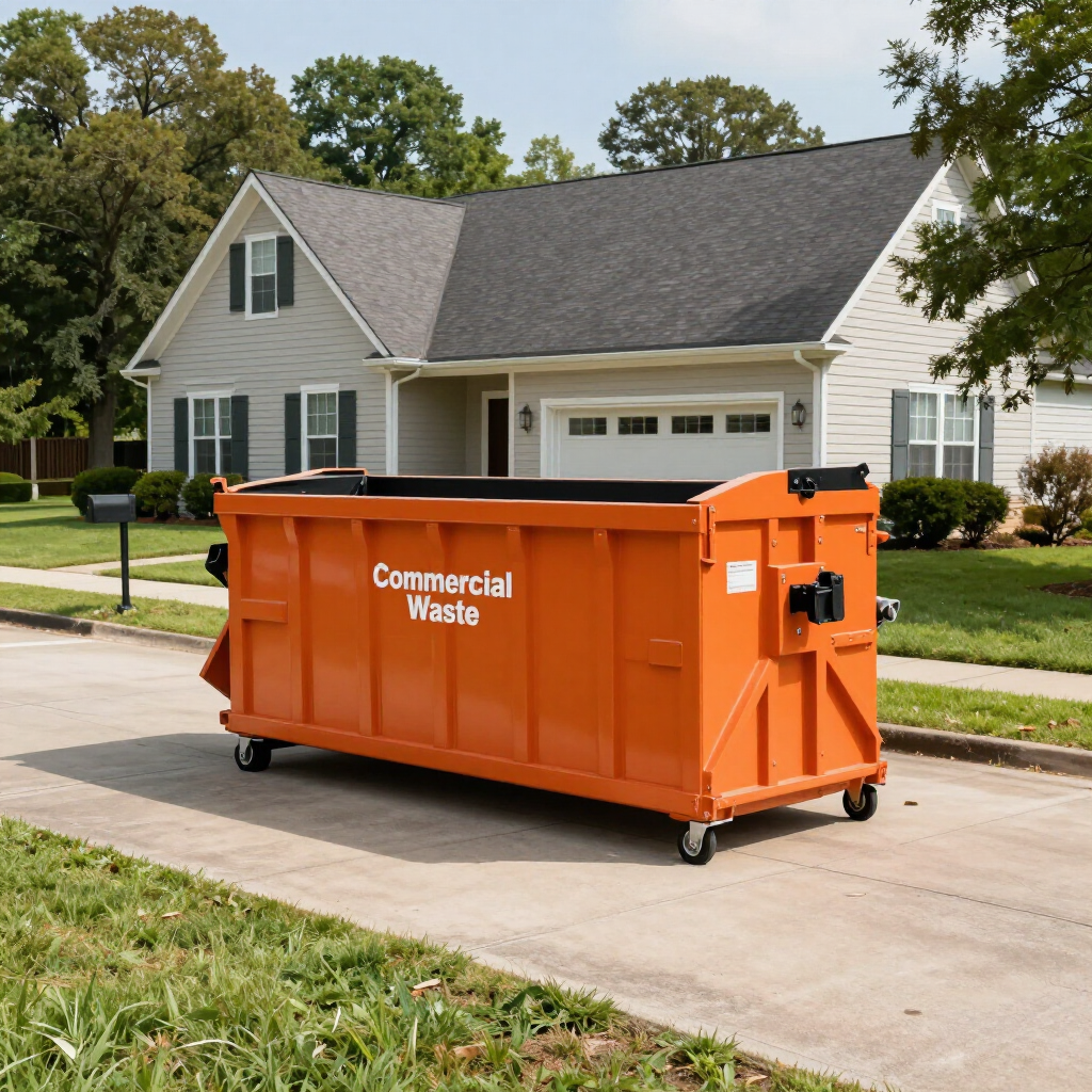 Orange Commercial Waste dumpster on a suburban driveway in front of a house