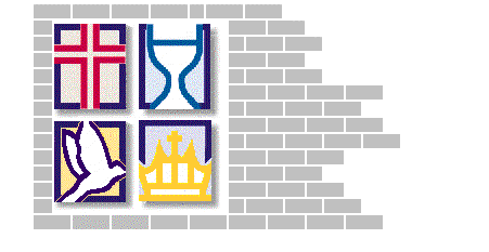 Logo's op een bakstenen muur: kruis, zandloper, duif, kroon.