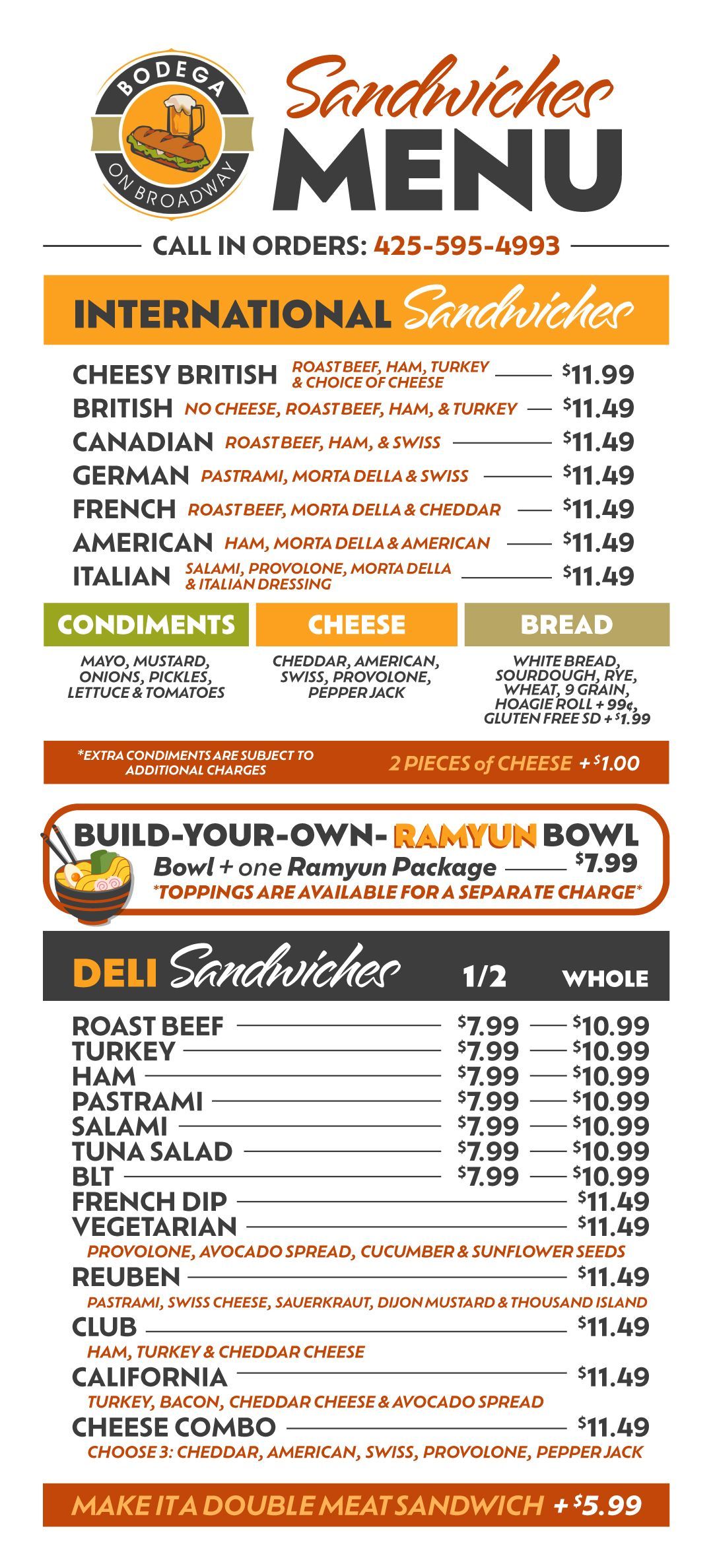 A menu for a sandwich and ramyun shop showing a variety of sandwiches and ramyun.
