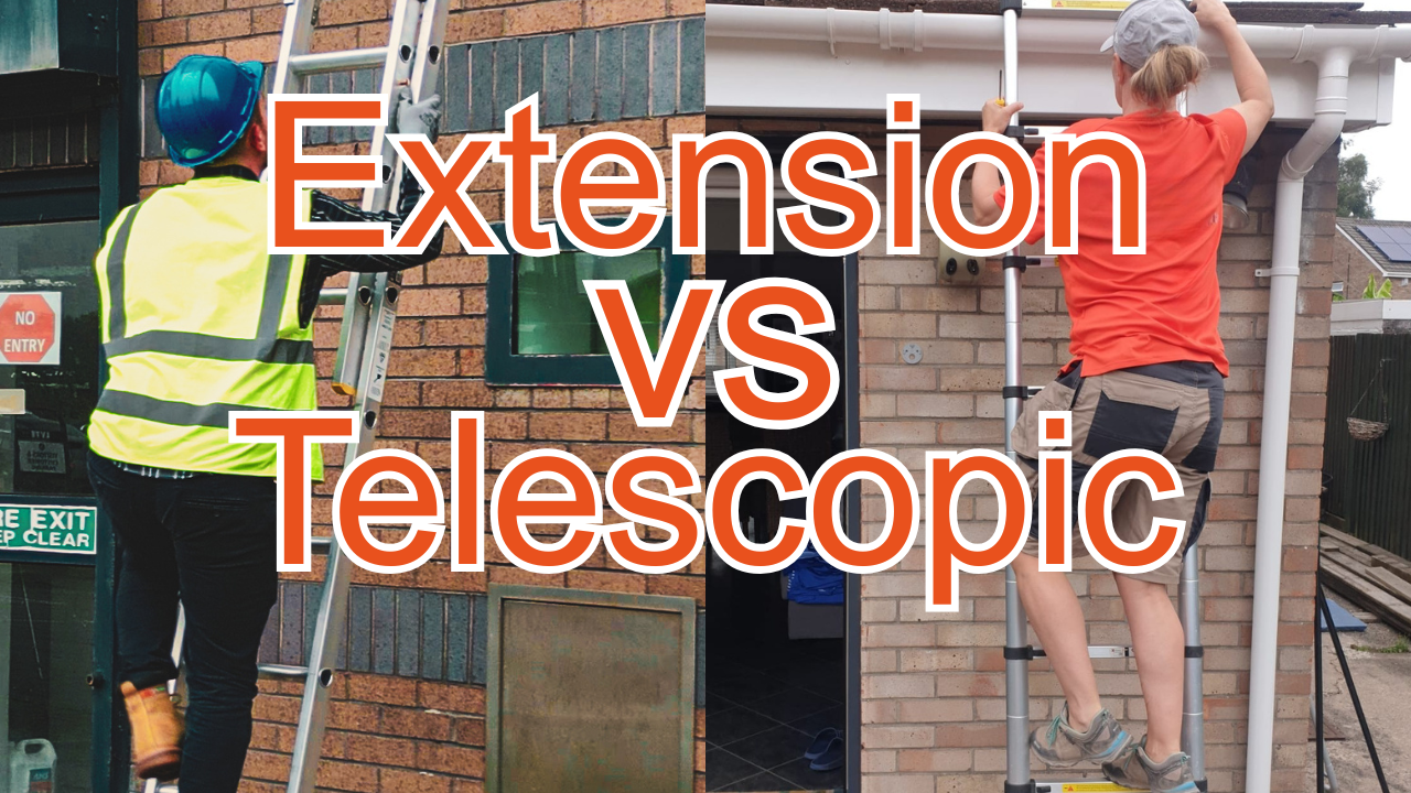 Showing a professional using an extension ladder compared to a DIYer using a telescopic ladder