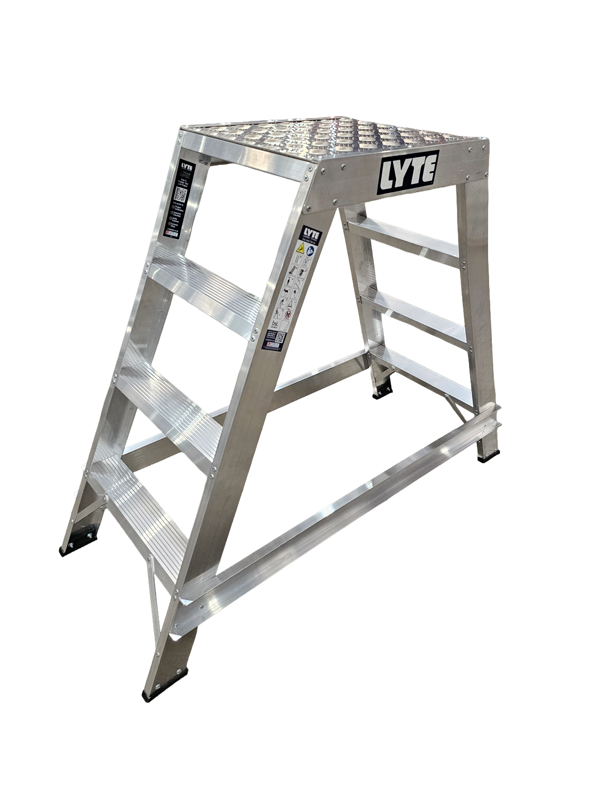 A double-sided metal step ladder with four steps on each side