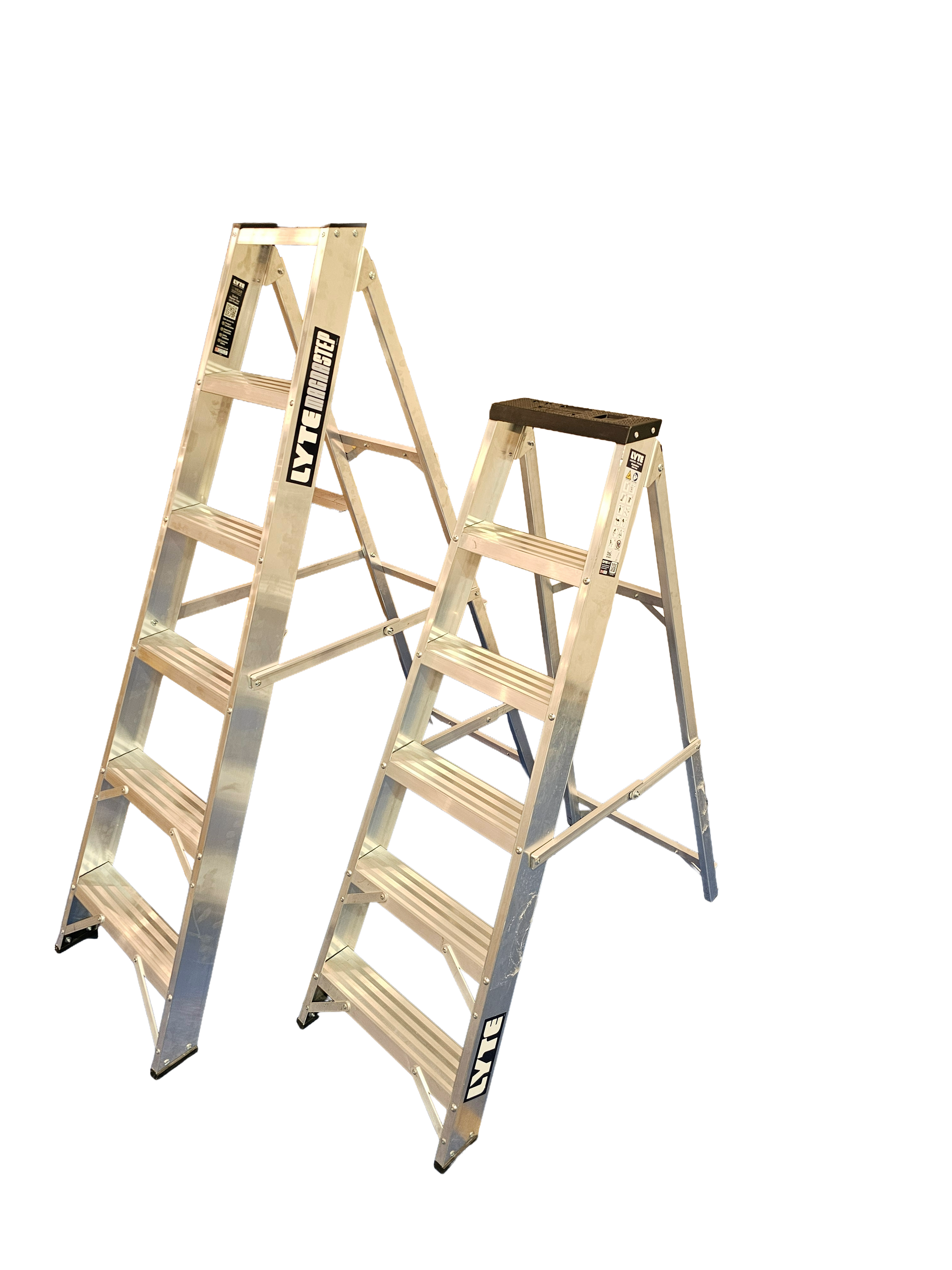 Comparison of 2 aluminium swingback step ladders side by side to show the height difference of the same tread count