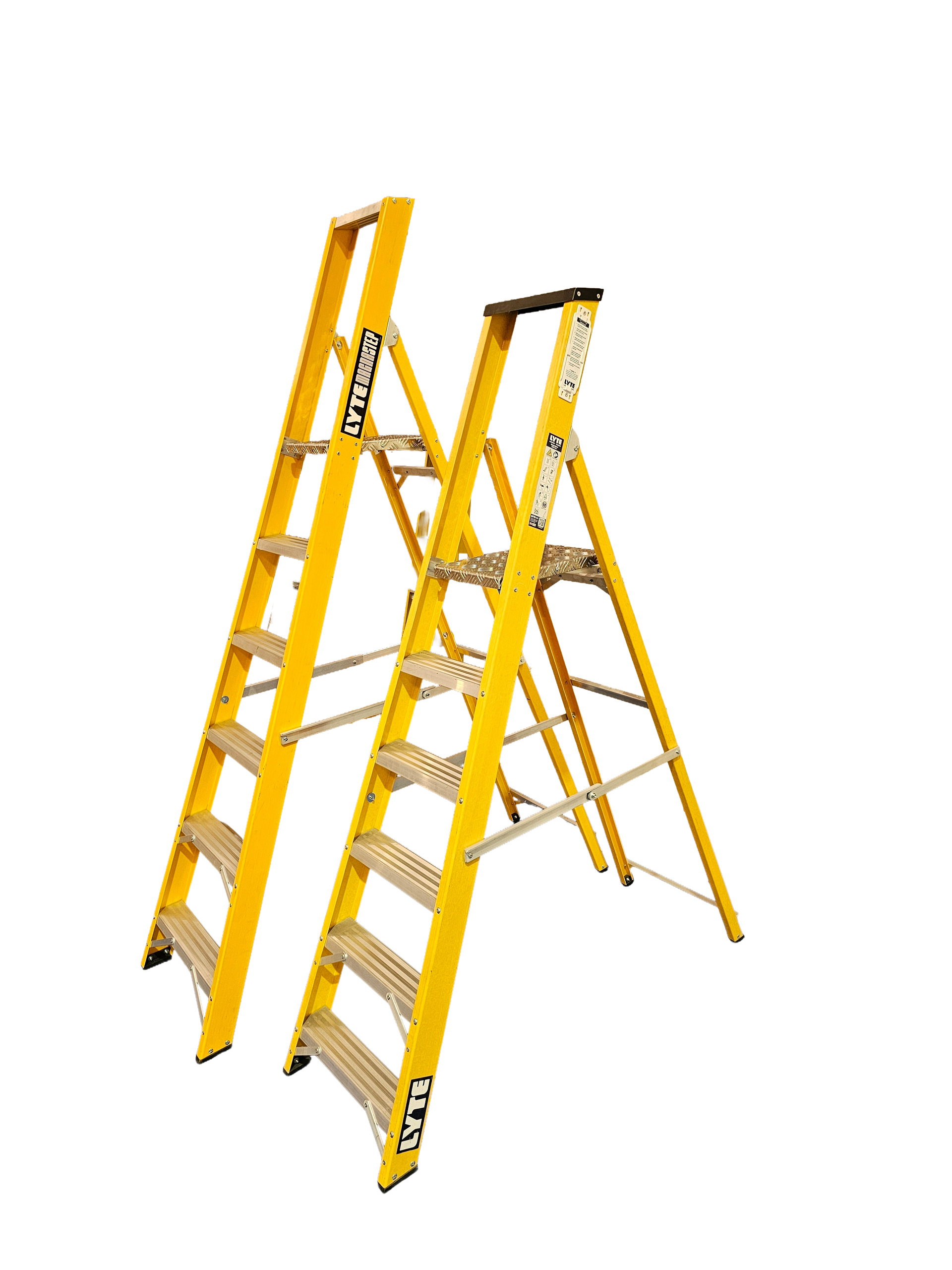Comparison of 2 fibreglass platform step ladders side by side to show the height difference of the same tread count