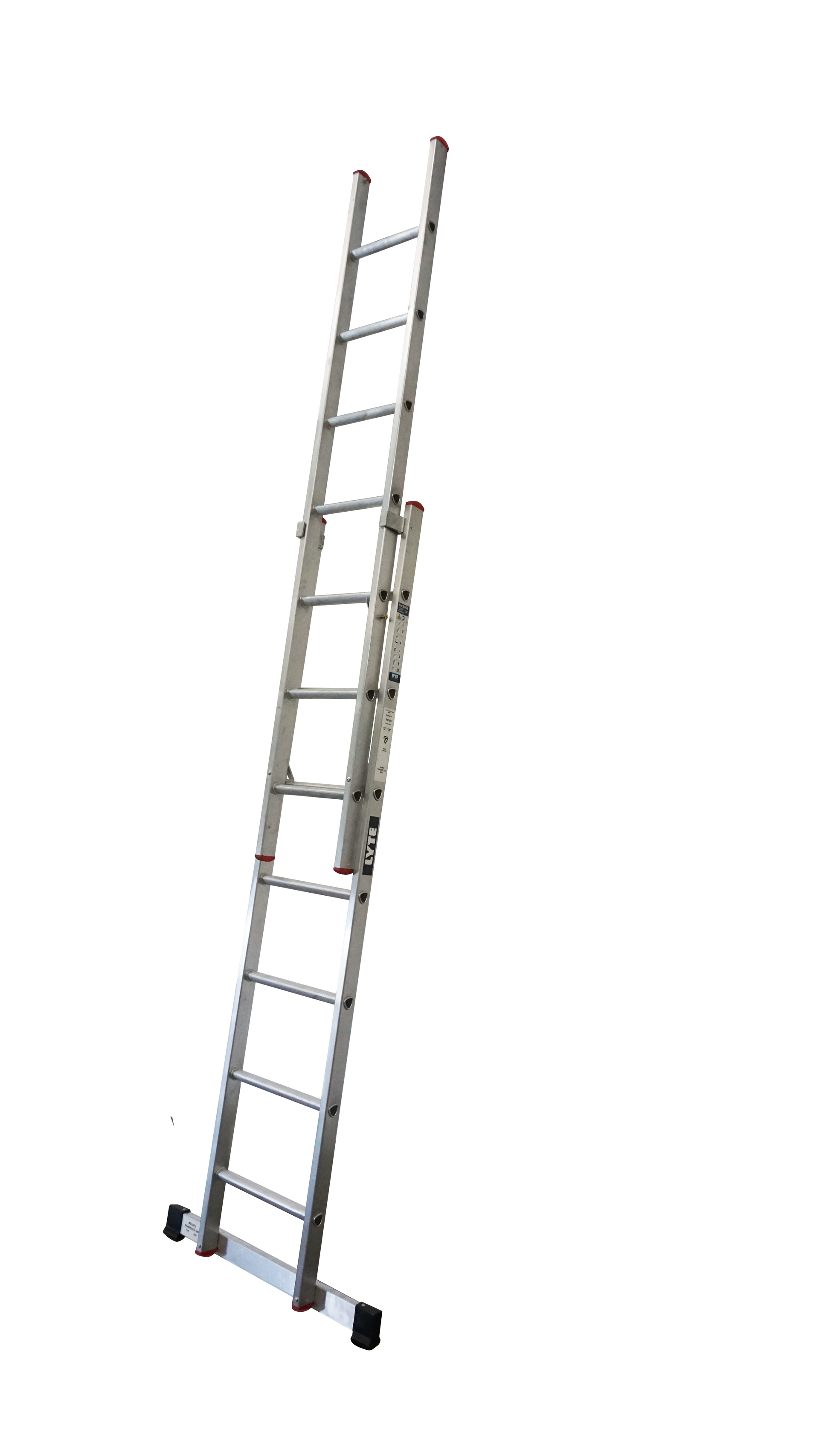 A long ladder is sitting on a white surface.