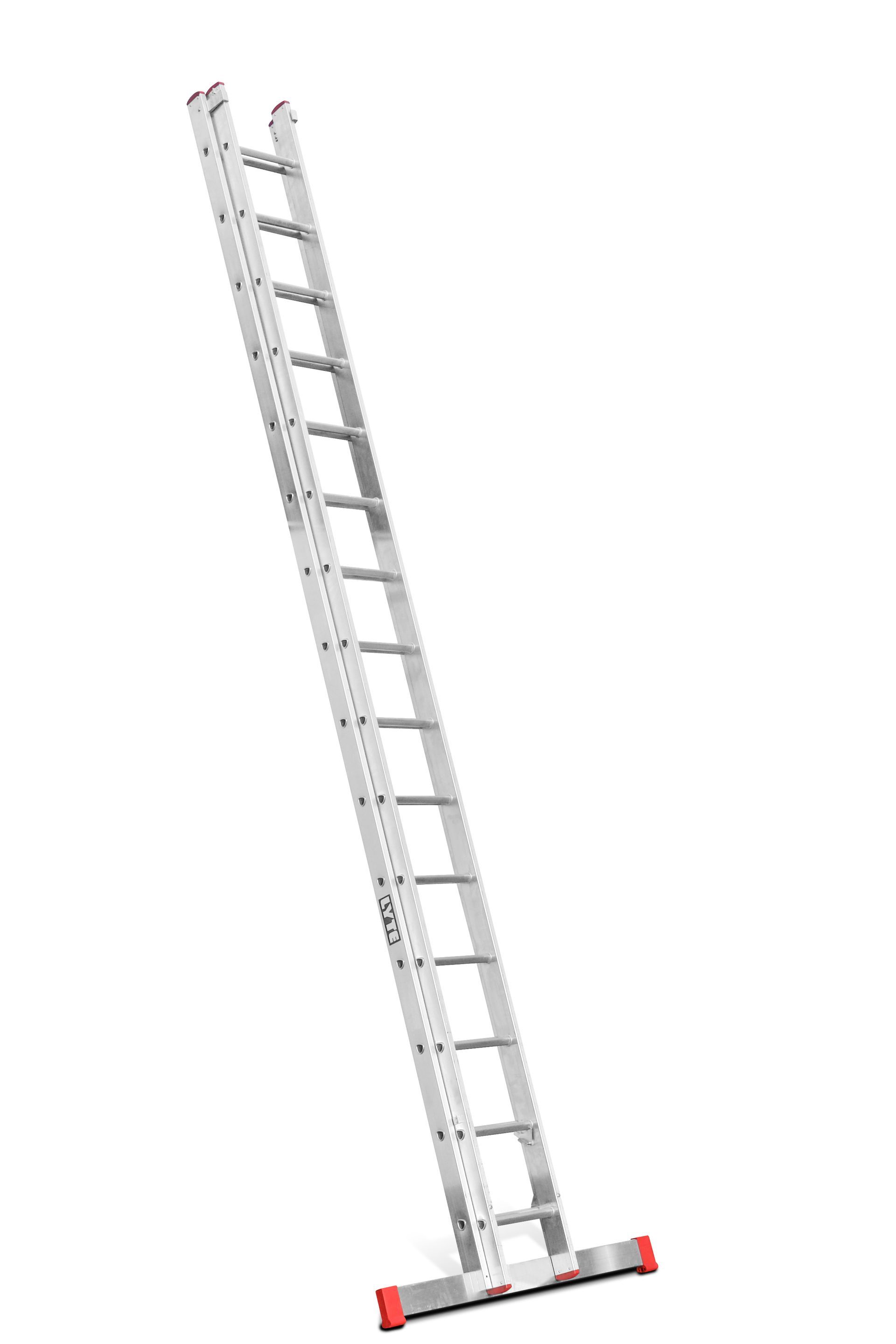A long ladder is sitting on a white surface.