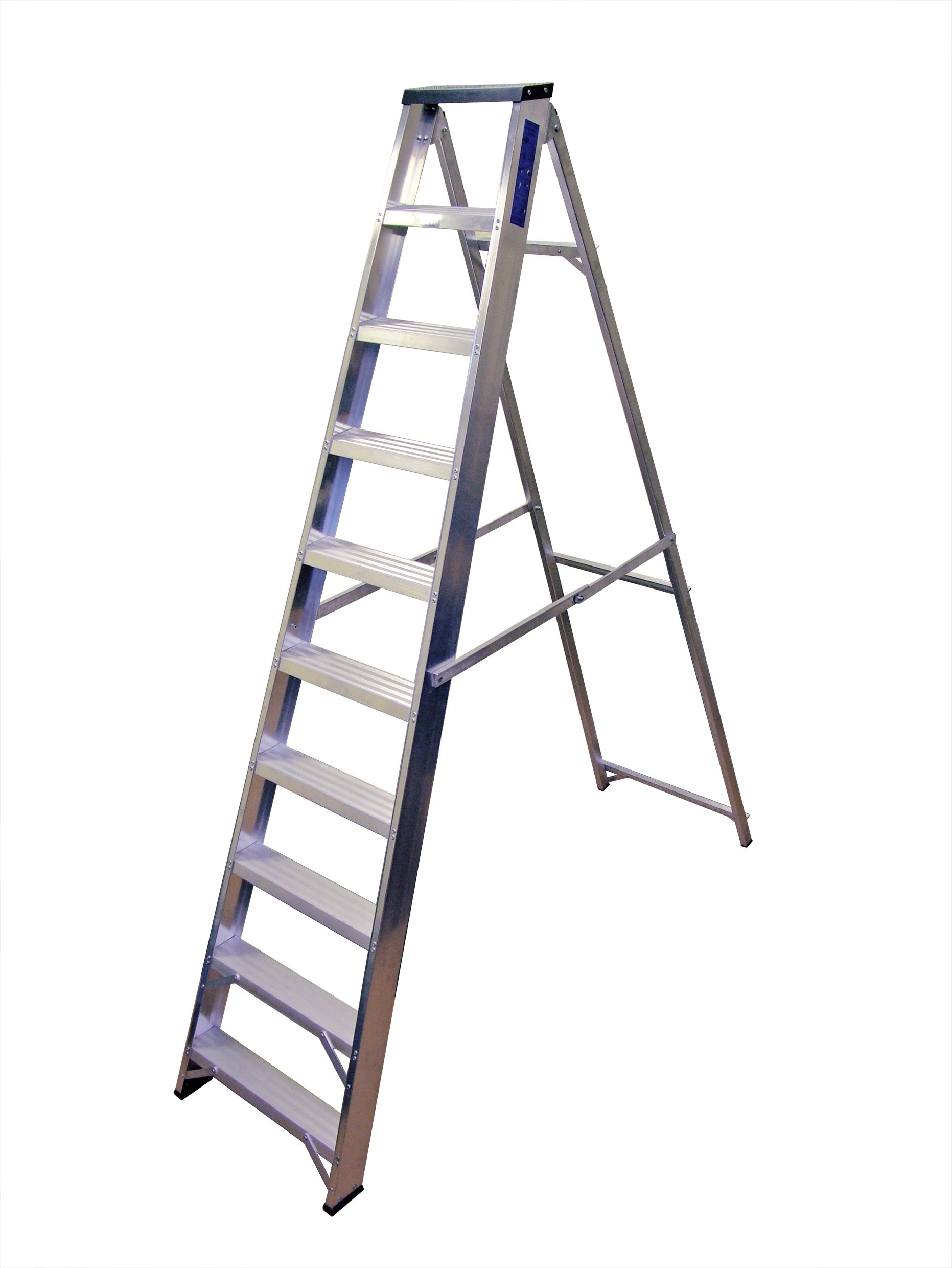 An aluminum ladder is sitting on a white surface.
