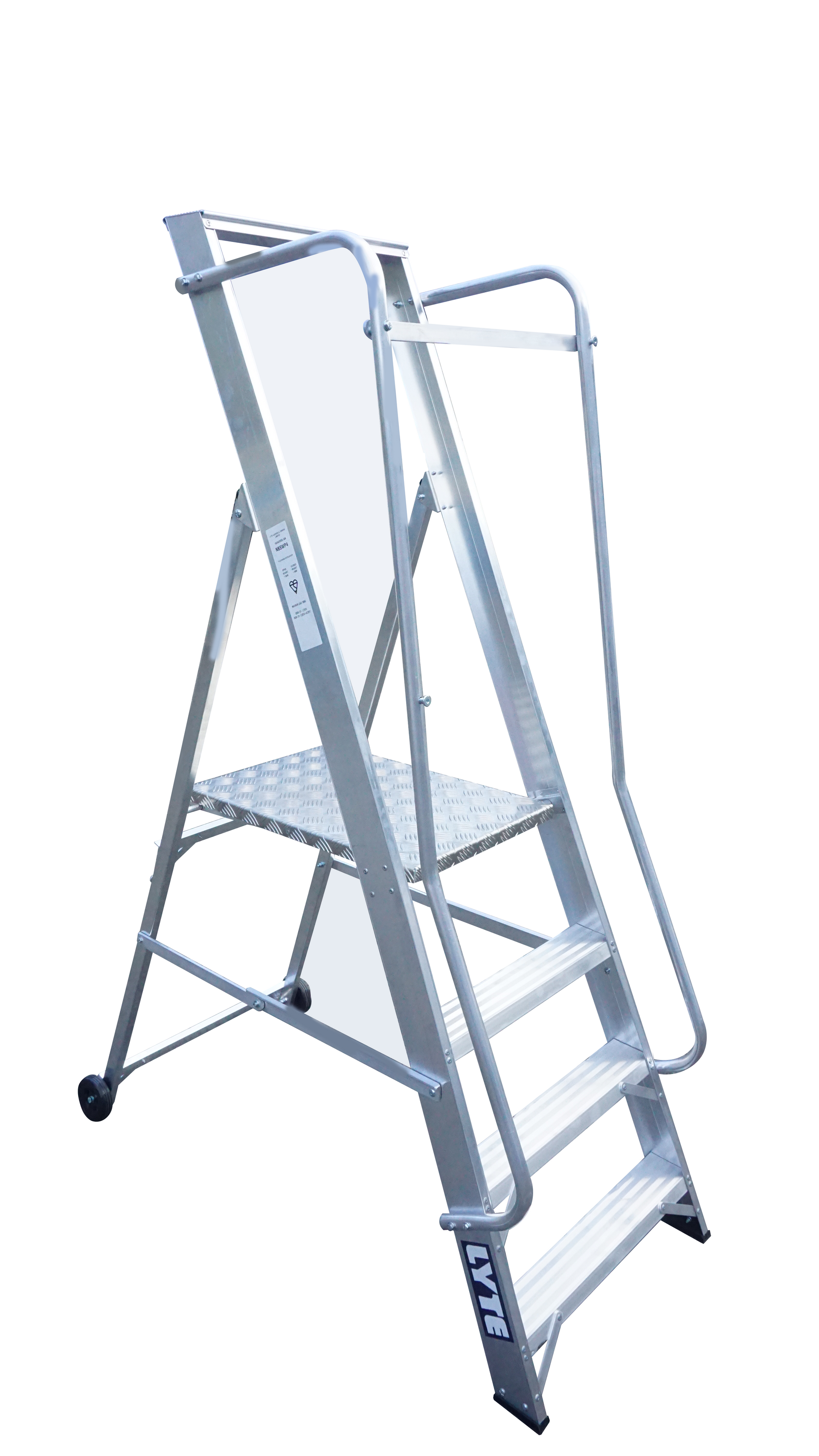 A metal ladder with wheels and a platform on a white background.