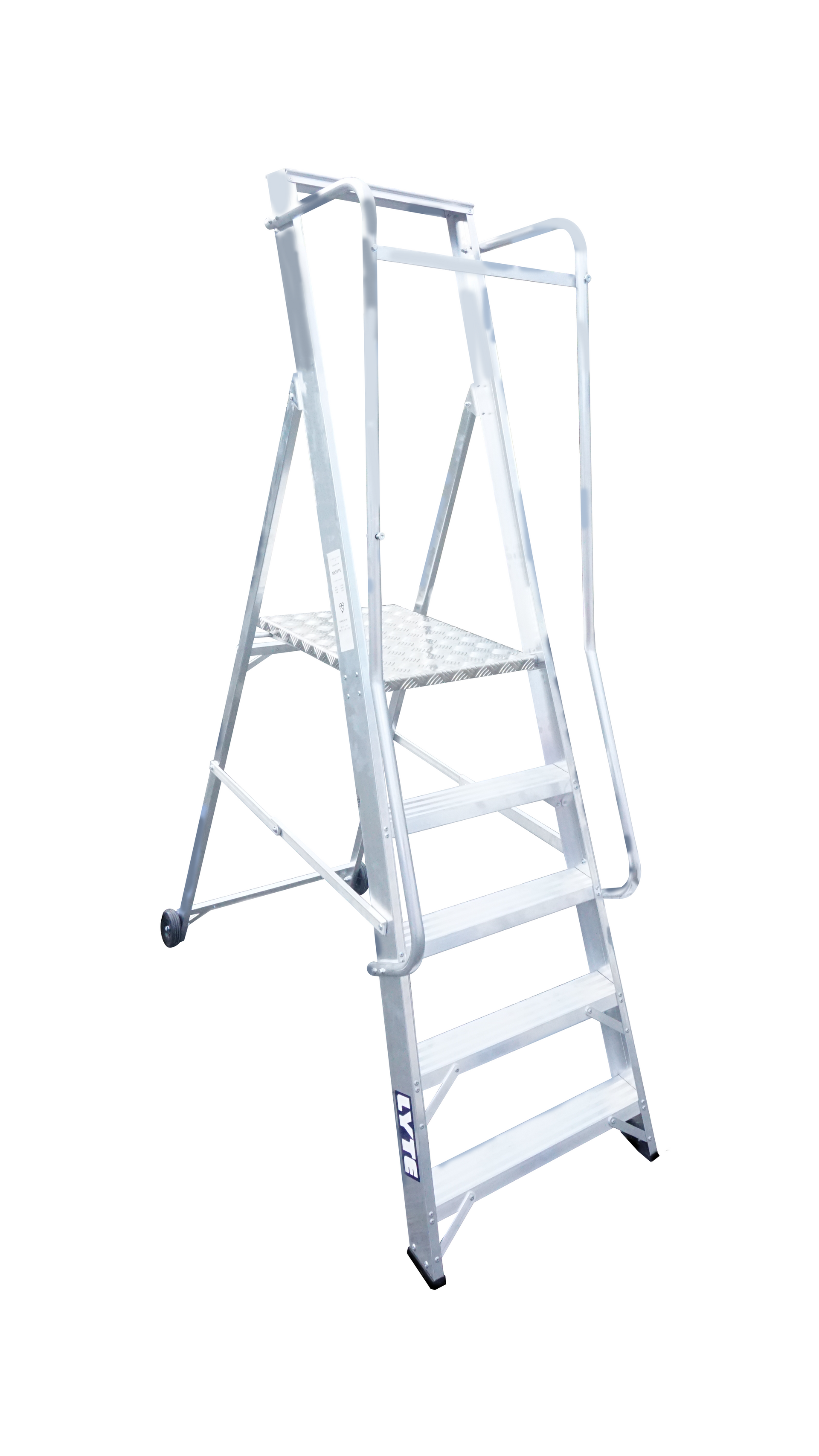 A white ladder with a platform on top of it on a white background.