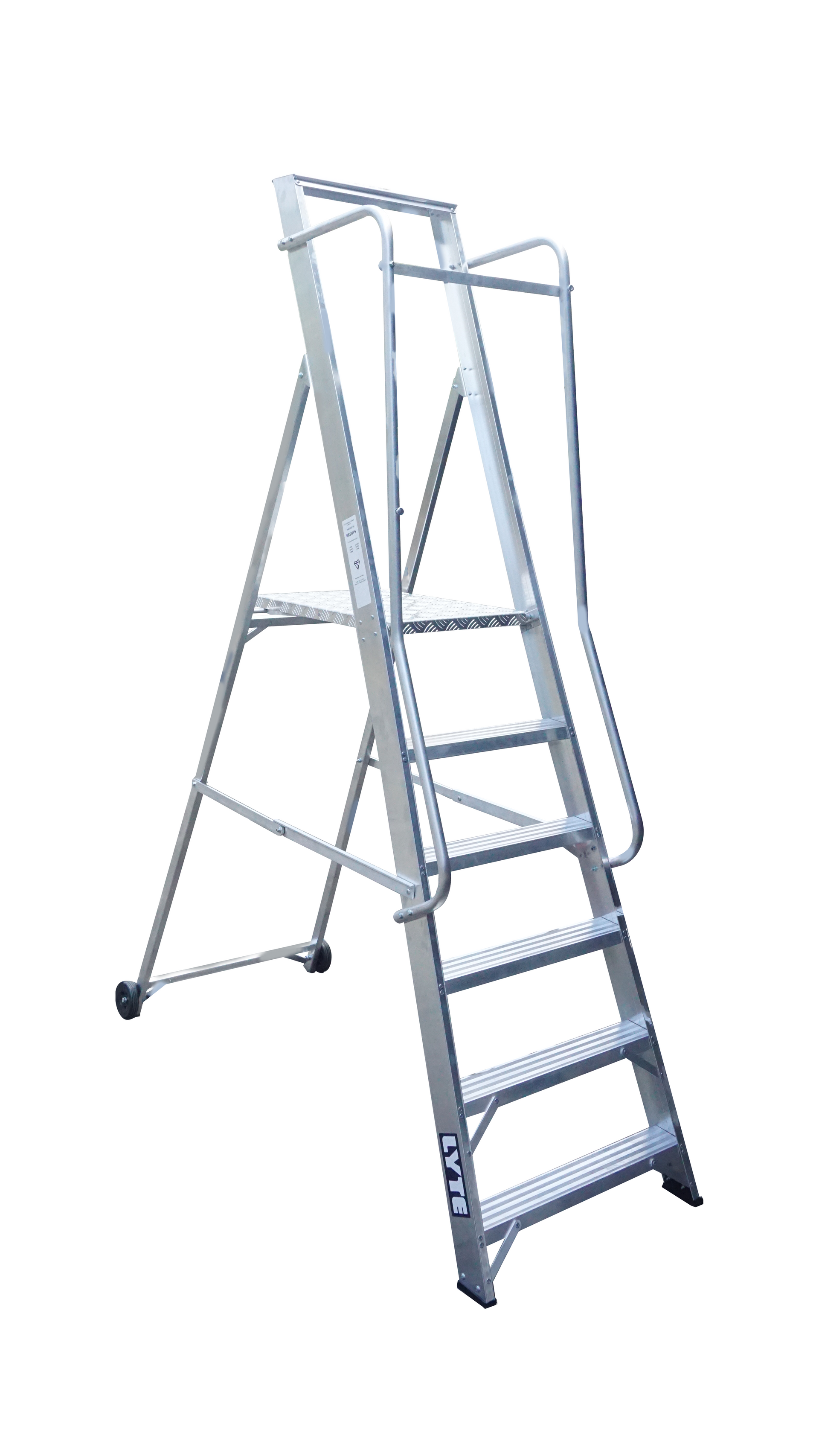 A metal ladder with a handle on a white background.