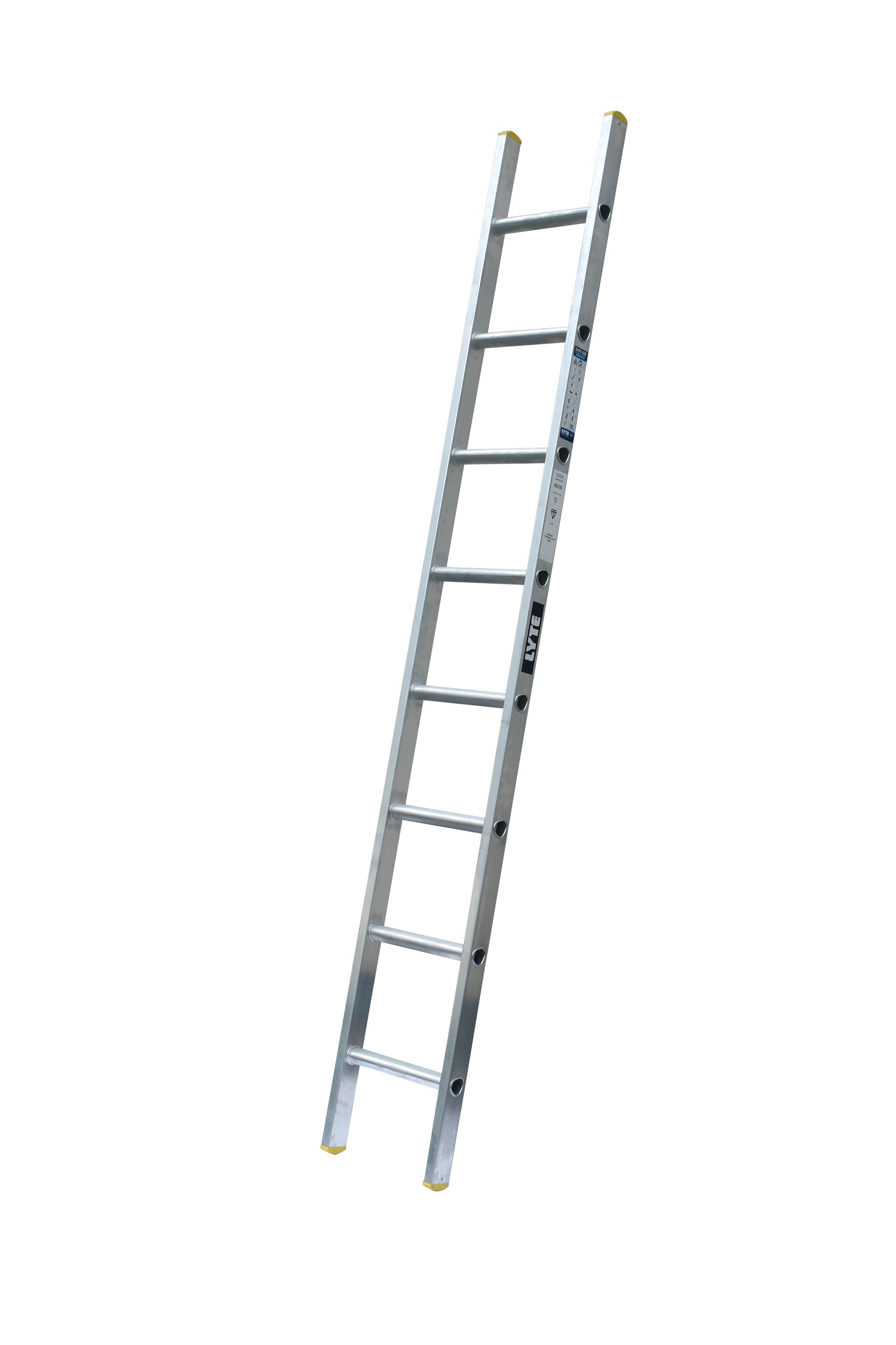 An aluminum ladder is sitting on a white surface.