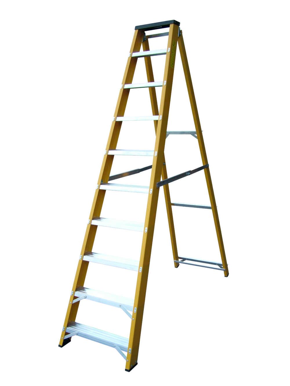 A wooden ladder with white steps on a white background.