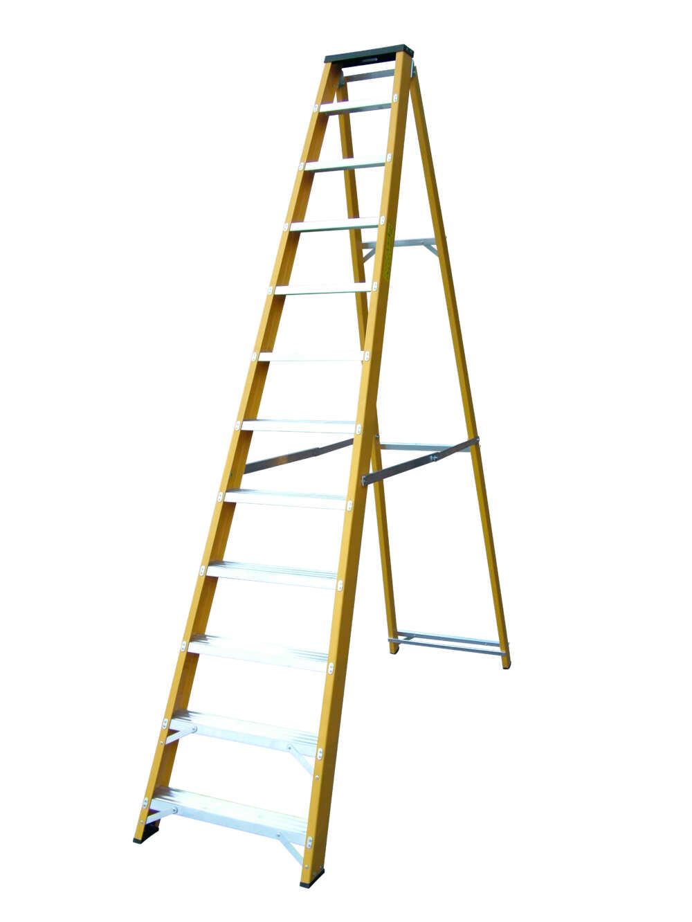 A wooden ladder with white steps on a white background.