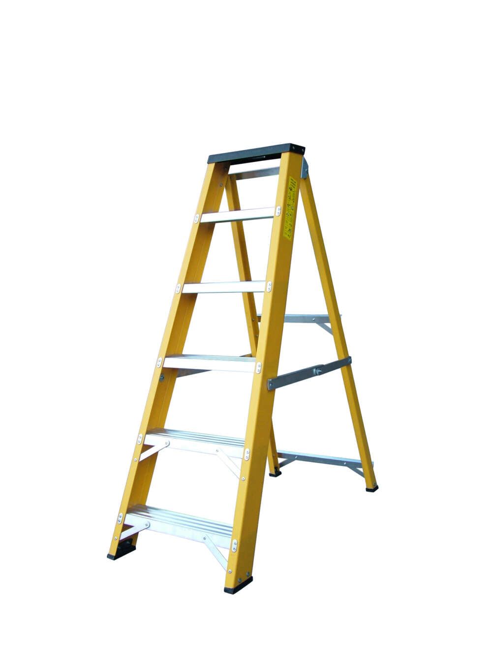 A yellow ladder with white steps on a white background.
