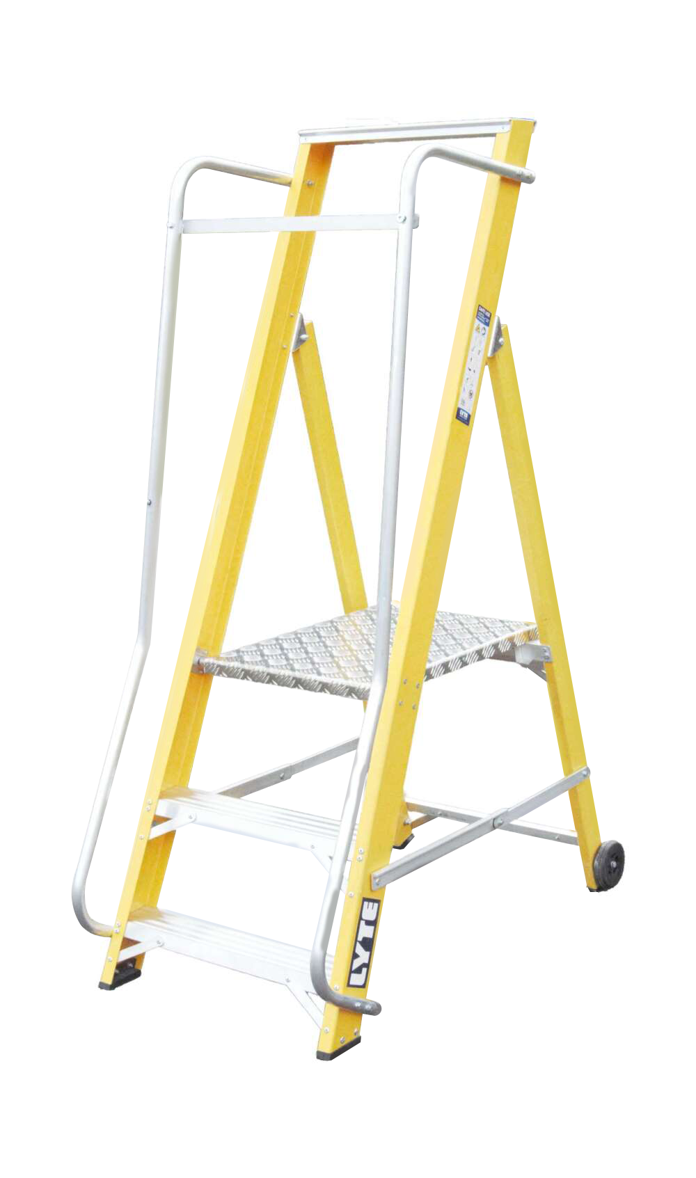 A yellow ladder with a metal platform on a white background.