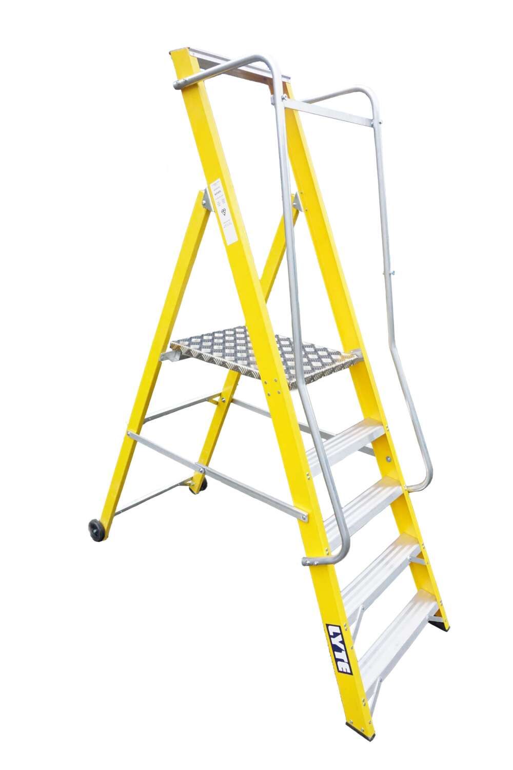 A yellow ladder with a metal platform on a white background.